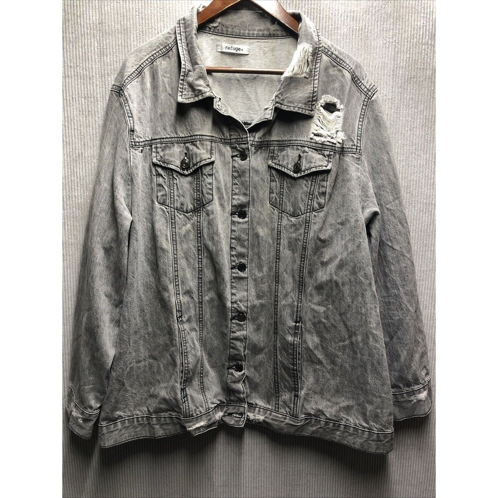 Refuge+ Womens Denim Jacket 3X Gray Wash Factory Destroyed Distressed Grunge